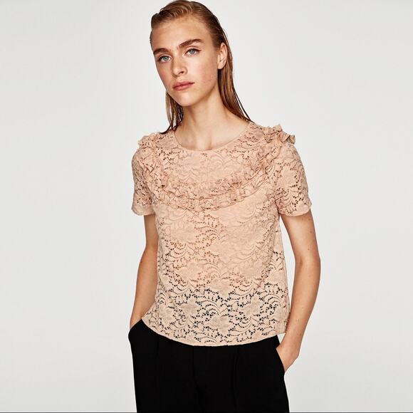 Zara Ruffled Guipure Lace Top Blush Beige Size Small NEW - Picture 1 of 11